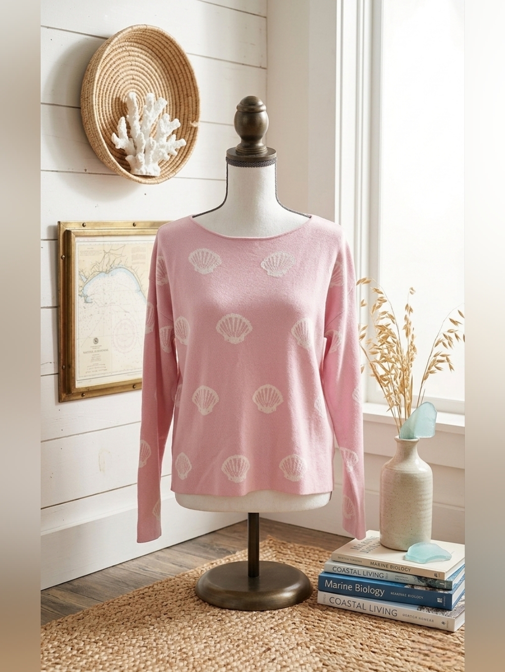 Phylosophy Pink Seashell Knit Sweater Beachy, Nautical Sz L